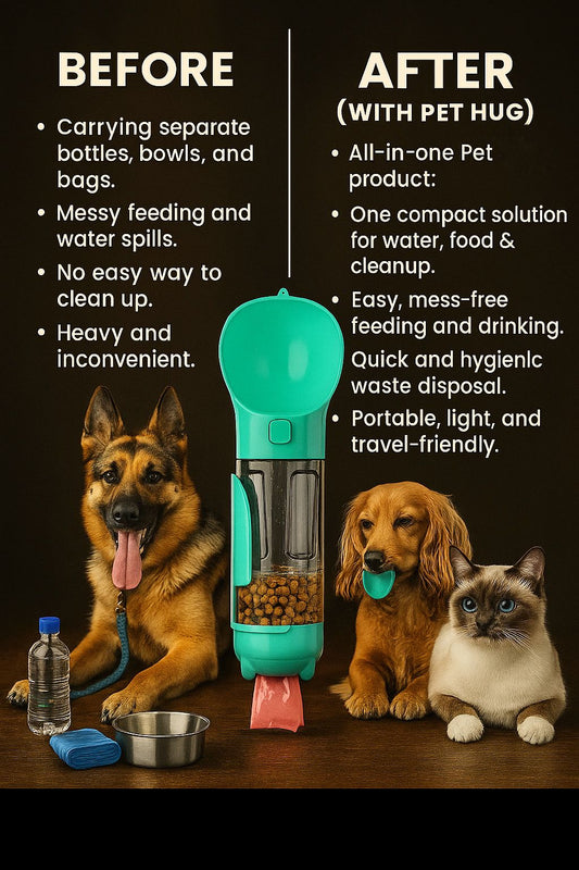 4-in-1 Portable Pet Water Bottle with Food Container, Poop Shovel & Waste Bag Holder – Travel-Friendly Pet Hydration & Care Kit