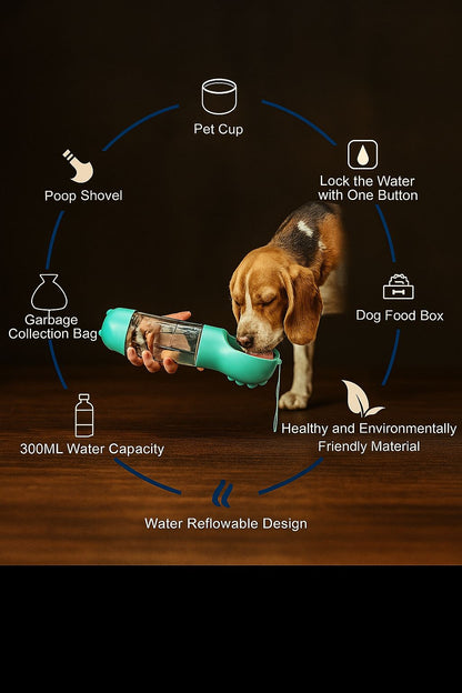 4-in-1 Portable Pet Water Bottle with Food Container, Poop Shovel & Waste Bag Holder – Travel-Friendly Pet Hydration & Care Kit