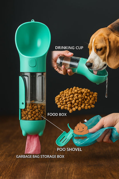4-in-1 Portable Pet Water Bottle with Food Container, Poop Shovel & Waste Bag Holder – Travel-Friendly Pet Hydration & Care Kit