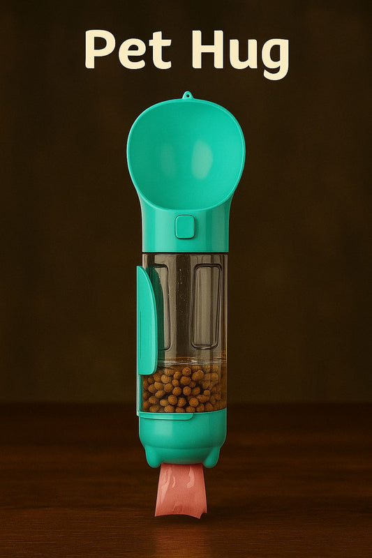 4-in-1 Portable Pet Water Bottle with Food Container, Poop Shovel & Waste Bag Holder – Travel-Friendly Pet Hydration & Care Kit